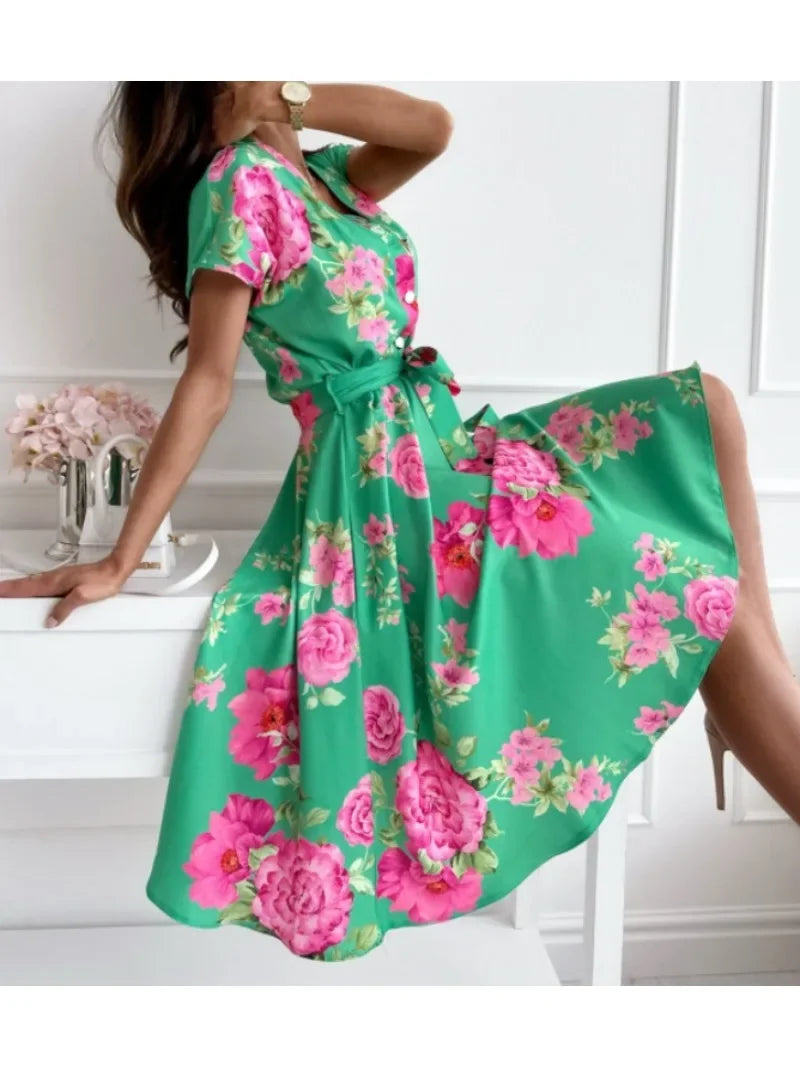 Summer Women's Fashion Flower Print Short Sleeved Dress Elegant V-neck Button Belt Leisure Vacation Dress