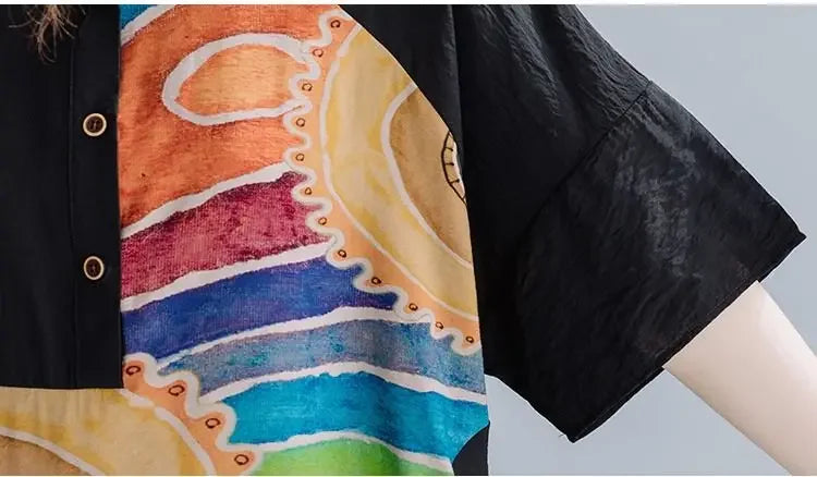 Women Summer Clothing 2025 New Style Literary Splicing Loose Printed Button Splicing Shirt Dress