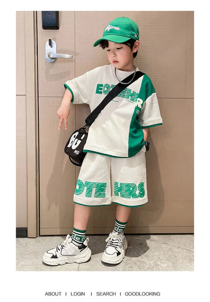 4 5 6 8 10 12 14 Years Summer Boys Clothing Sets New Fashion Letter Top + Shorts 2Pcs Kids Tracksuit Birthday Gifts Kids Clothes