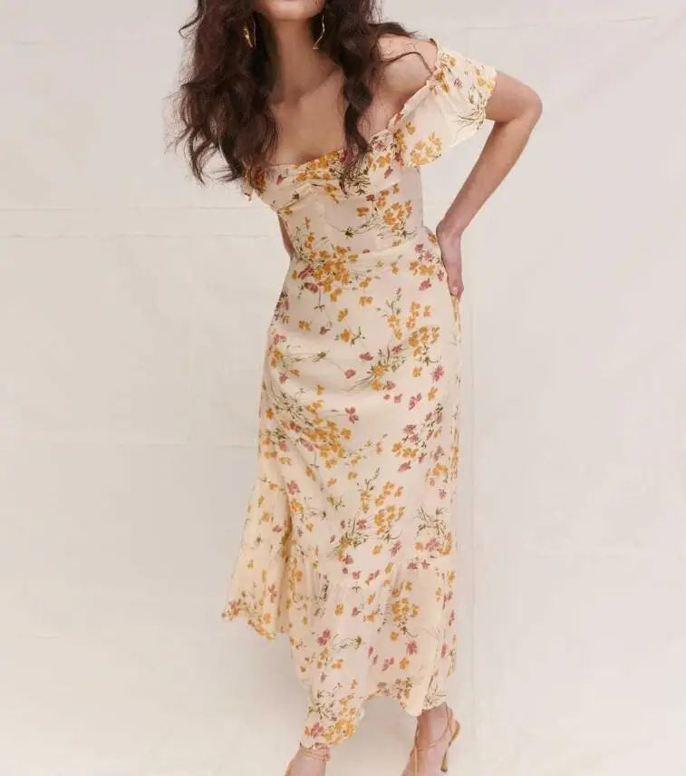 Summer Retro Elegant Elastic off Shoulder Long Dresses France Beige Floral Print Vintage Back Zipper Women Summer Dress