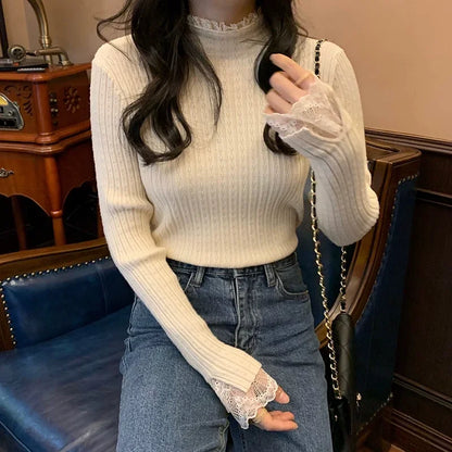 autumn Knitted Turtleneck Long Sleeve Slim Jumper Tops Women Sweater Pullover Lace splicing Ladies Casual Shirts Soft Clothing