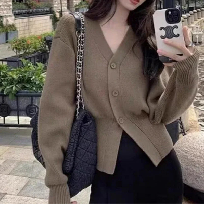 Zjaiss 2025 Autumn Winter Elegance Solid Color V-neck Sweater Knitted Casual Cardigan Unique And Niche Slim Fit Tops