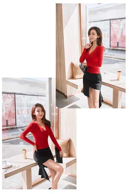 Short Basic Sweaters Women 2025 Sexy Deep V Neck Sweater Women's Pullover Slim Bottoming Sweaters Female Elastic Cotton Tops