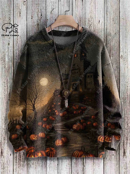 New Halloween Series 3D Printed Horror Crow Skeleton Cat Witch Pattern Authentic Ugly Sweater Winter Casual Unisex Sweater W-1