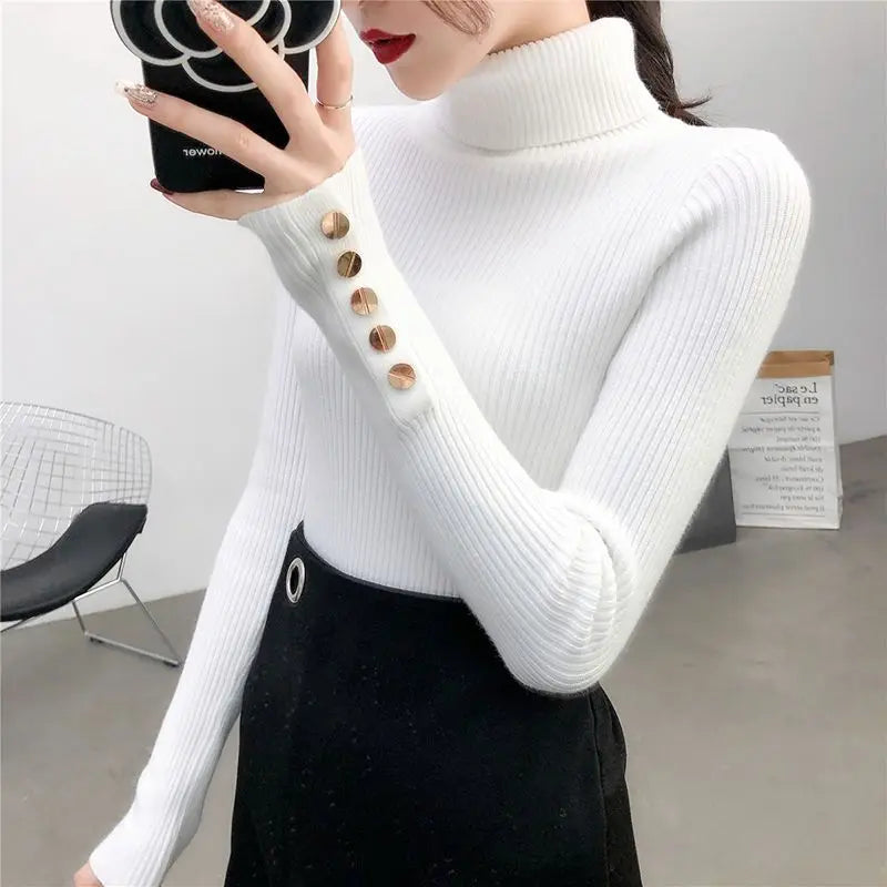 2025 Knitted Turtleneck Women Sweater Button Long Sleeve Pullovers Autumn Winter Basic Femme Sweaters Slim Solid Pull Tops