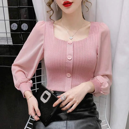 Women Spring Autumn Style Pulloverr Sweaters Lady Casual Long Sleeve Square Collar Knitted Patchwork Pullover Tops WY1022