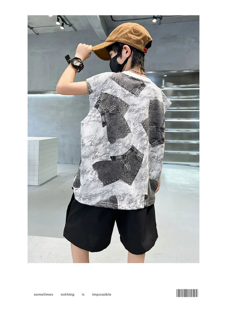 Boys Summer Clothing Sets Sleeveless Top + Shorts Two Pieces Soft Cotton Outfits for Kids Child Age 5 6 7 8 9 10 11 12 13 14 Y