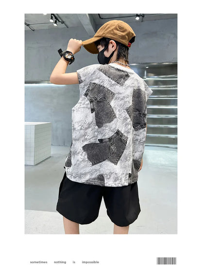 Boys Summer Clothing Sets Sleeveless Top + Shorts Two Pieces Soft Cotton Outfits for Kids Child Age 5 6 7 8 9 10 11 12 13 14 Y
