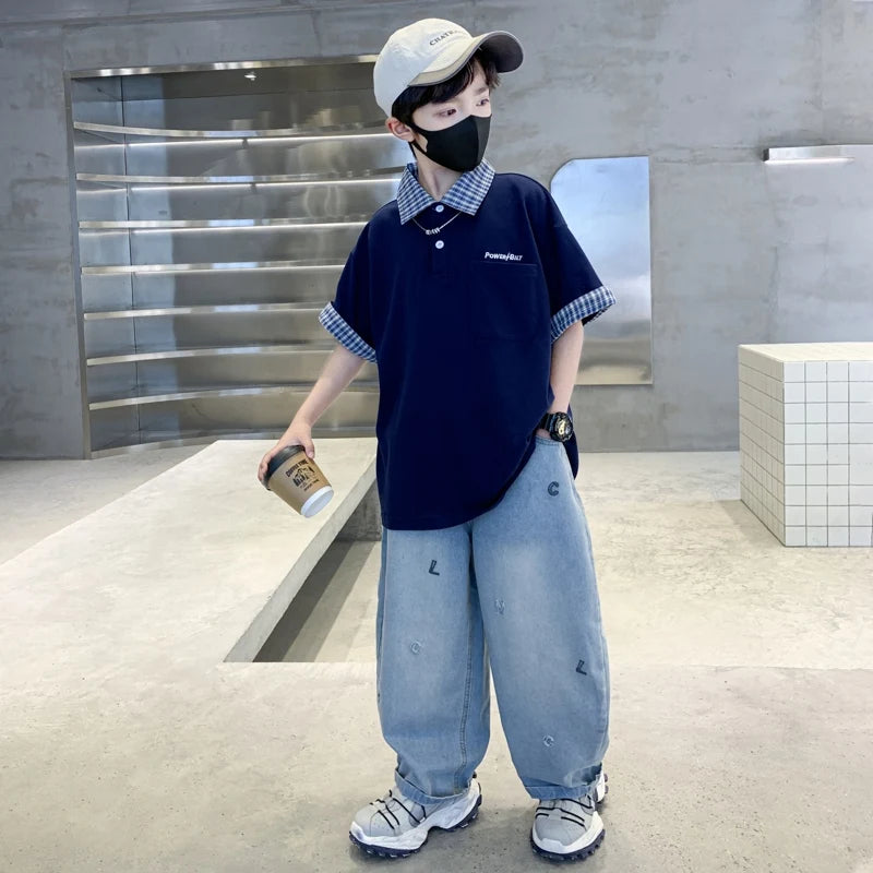 Boys Summer Clothing Set Children Short-Sleeve Polo Shirt Top+ Denim Pants Two-Piece Set 2025 New