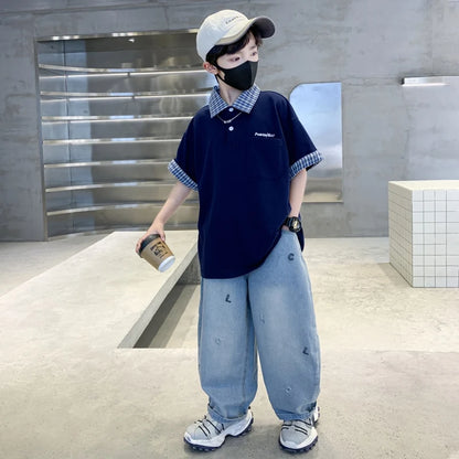 Boys Summer Clothing Set Children Short-Sleeve Polo Shirt Top+ Denim Pants Two-Piece Set 2025 New