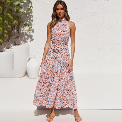 Summer Floral Print Halter Neck Dresses For Women Sleeveless Leace-up Long Dress Casual Beach Holiday Vestidos Female Clothing