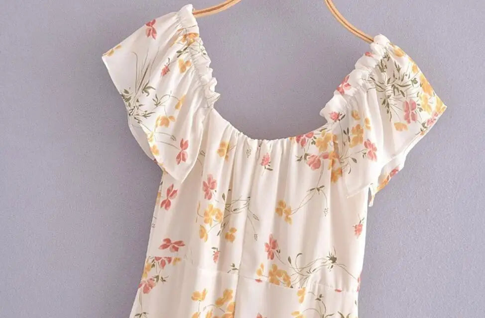Summer Retro Elegant Elastic off Shoulder Long Dresses France Beige Floral Print Vintage Back Zipper Women Summer Dress