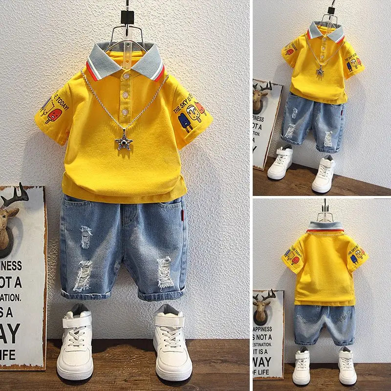 Boys 2025 Summer Outfit T-Shirt and Jeans Korean Polo Fashion 2PCS Casual Clothing Korean Reviews Top Toddler Kids Clothes Sets