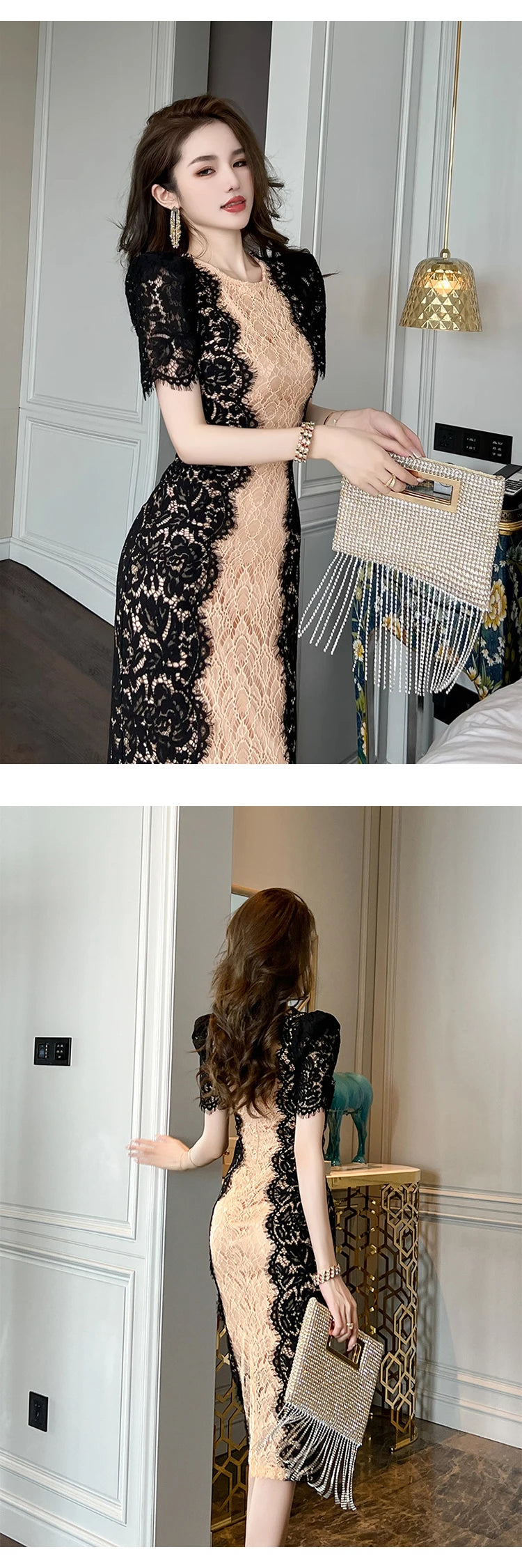 Fashion Summer Elegant Evening Dress For Women Lace Chic Short Sleeve Slim Midi Party Gown Mujer Stretchy Vestido Street Clothes