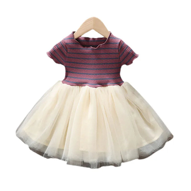 Girls' Summer Dress 1-6Y Children's Striped Short Sleeved Patchwork Mesh Dress Korean Girls Clothing Kid's Outfit