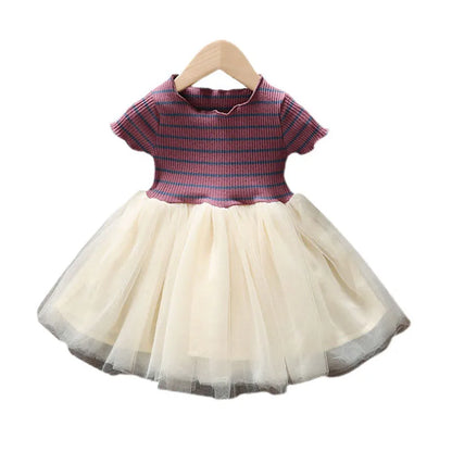 Girls' Summer Dress 1-6Y Children's Striped Short Sleeved Patchwork Mesh Dress Korean Girls Clothing Kid's Outfit