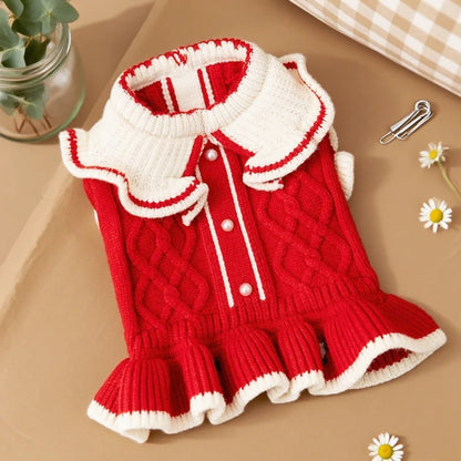 Winter Warm Pet Dog Clothes Luxury Dog Knitten Dress Cute Soft Puppy Princess Skirt Flower Print Cat Dresses Pet Sweater Clothes