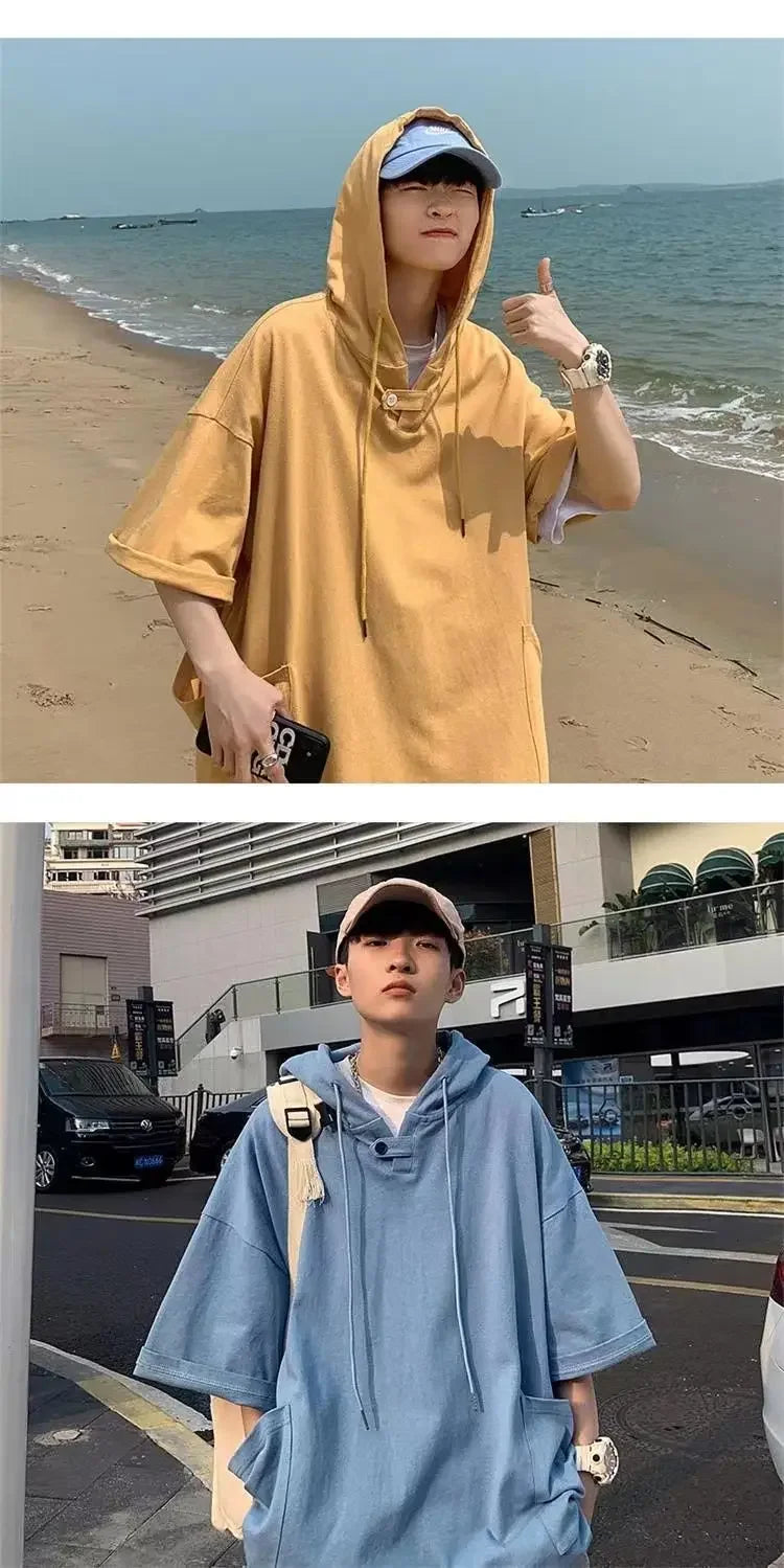 Summer Men's Short-sleeved Sweatshirt with Hat High Street Trend New T-shirt Half-sleeved Hooded Denim T-shirt