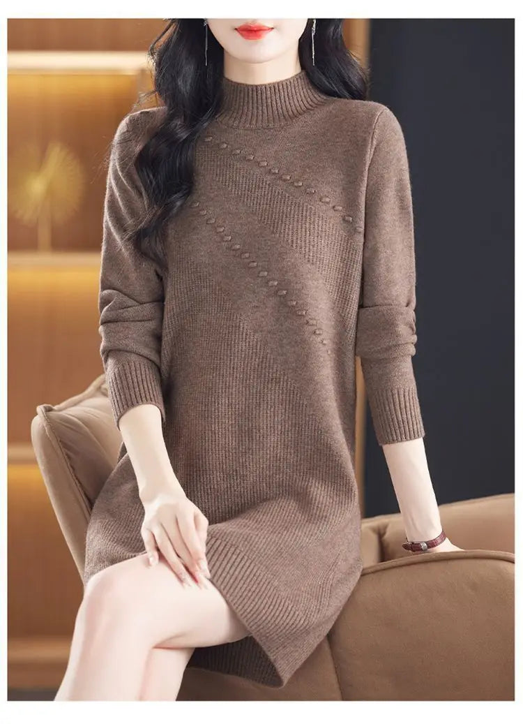 New Vintage Autumn Women's Clothing Half Turtleneck Warm Winter Sweater Dress Long Sleeve Pollovers Top Female Knitwear Jumper