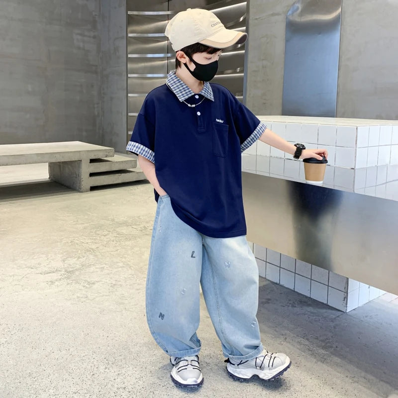 Boys Summer Clothing Set Children Short-Sleeve Polo Shirt Top+ Denim Pants Two-Piece Set 2025 New
