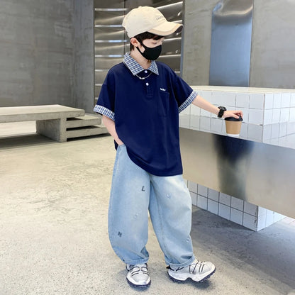 Boys Summer Clothing Set Children Short-Sleeve Polo Shirt Top+ Denim Pants Two-Piece Set 2025 New