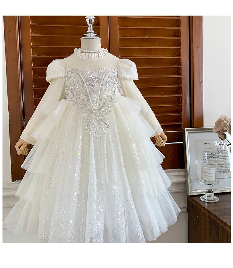 Girls' Winter Dress Light Luxury High End Birthday Banquet Performance Flower Girl Sleeve Thickened Skirt Plush Princess Dress