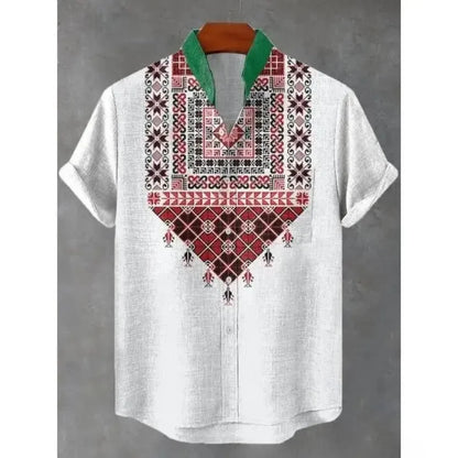 Men's summer shirt, fashionable stand up collar short sleeved cardigan, ethnic tribal printed pocket, linen breathable men's top