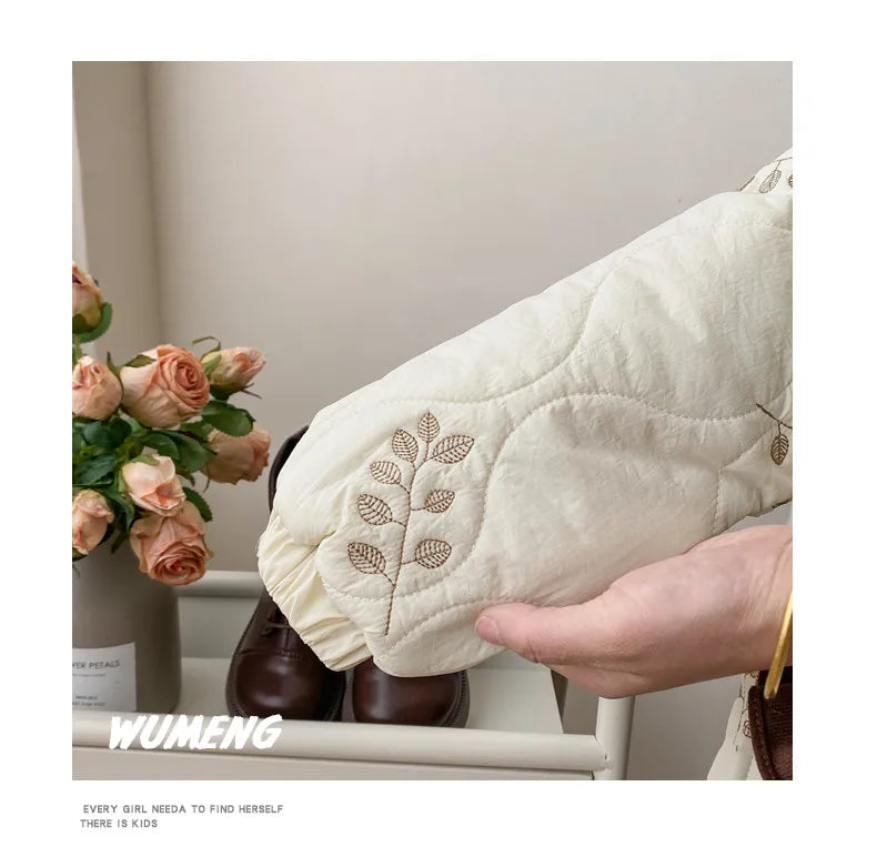 Winter Girls Coat Kids Baby Parkas Cotton Padded Plus Velvet Thickened Warm Children's Coat Solid Girls Embroidery Jacket