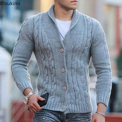 Autumn Winter Men's Warm Knitted Sweater Solid Single-breasted Twisted Texture Cardigan Lapel Slim Buttoned Thick Sweater Male