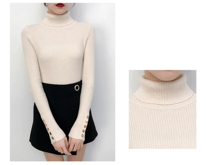 2025 Knitted Turtleneck Women Sweater Button Long Sleeve Pullovers Autumn Winter Basic Femme Sweaters Slim Solid Pull Tops