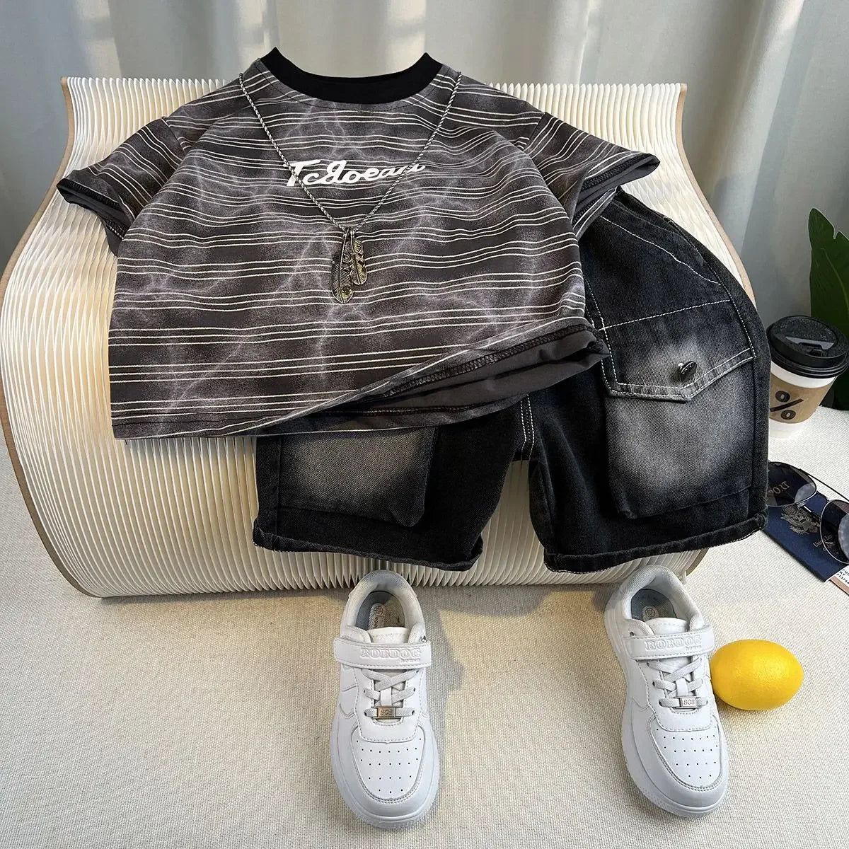 Boys Summer 2025 Boutique Design Outfits Baby Boys Short Sleeve Striped T-Shirt Jeans Shorts 2pcs Korean Clothes for Children