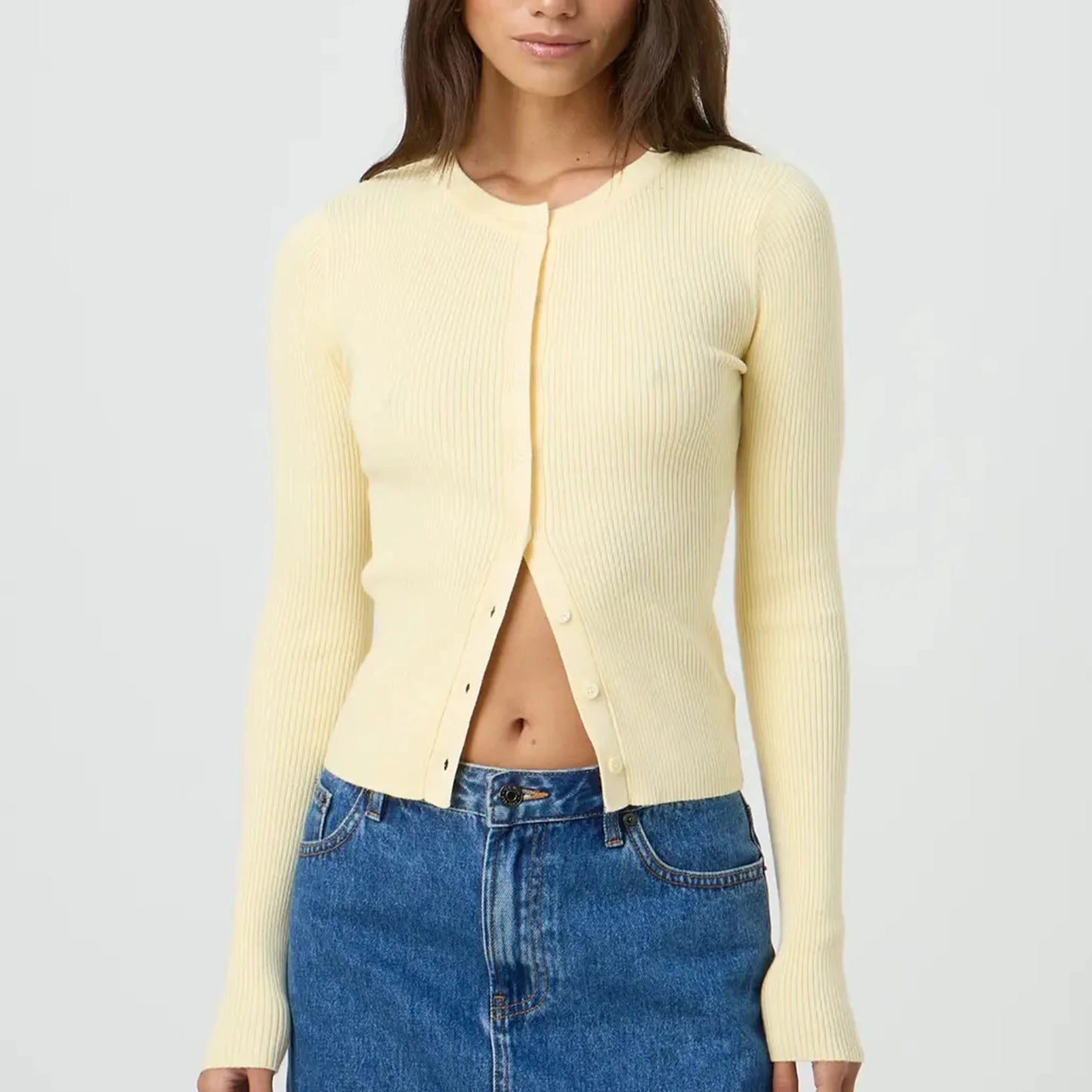 Women's Ribbed Cardigan Tops Spring Fall Solid Color Long Sleeve Round Neck Button Up Cropped Sweaters Female Casual Pullovers