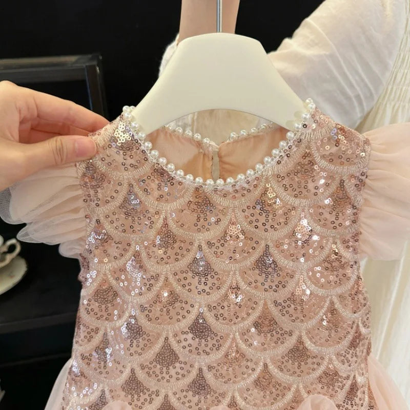 Girls Dress 2025 Summer New Children Elegant Princess Dress Baby Fashion Mesh Flying Sleeve Tank Top Dress