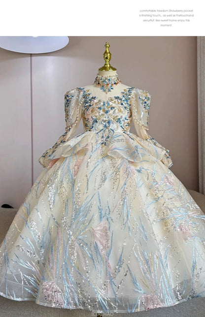 Girls Summer Party Dress Puffy PrincessFlower Pageant Host Formal Gown Girl Outfit Piano Recital Performance Birthday Wedding