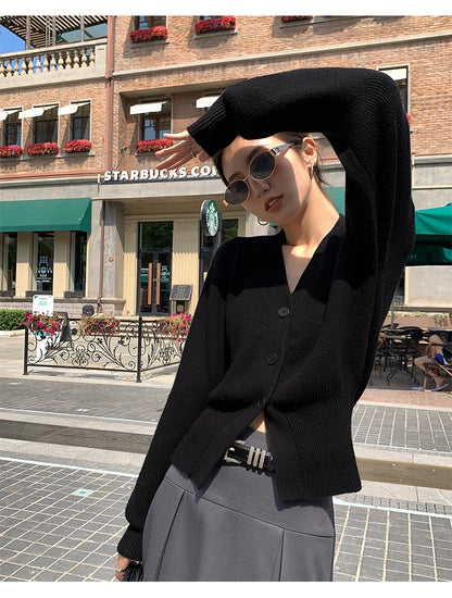 Zjaiss 2025 Autumn Winter Elegance Solid Color V-neck Sweater Knitted Casual Cardigan Unique And Niche Slim Fit Tops