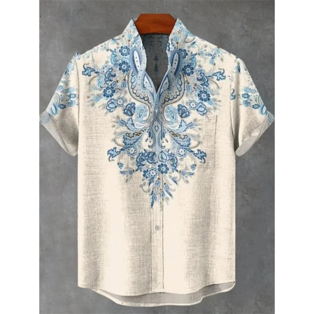 Men's summer shirt, fashionable stand up collar short sleeved cardigan, ethnic tribal printed pocket, linen breathable men's top