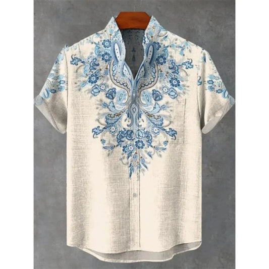 Men's summer shirt, fashionable stand up collar short sleeved cardigan, ethnic tribal printed pocket, linen breathable men's top