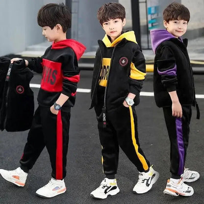 2023 winter Boys tracksuit Autumn Toddler Teenager Clothes vest velvet jacket + Sweatishrt hooded + Pant Children Kids 4 12 year