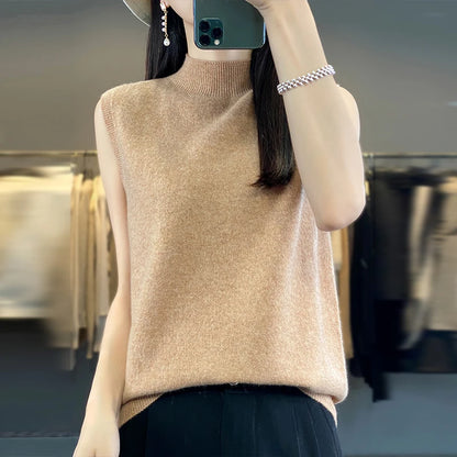 2024 Cashmere Vest Women's 100% Merino Wool Pullover Indoor Sleeveless Sweater Half-turtleneck Office Tops Waistcoat