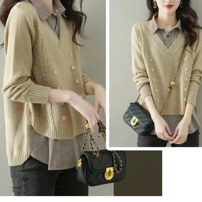 New Fake Two Piece Top Knit Sweater Women's Splice Shirt Collar Spring Autumn  Korean Loose Long Sleeve Sweater Female Pullover