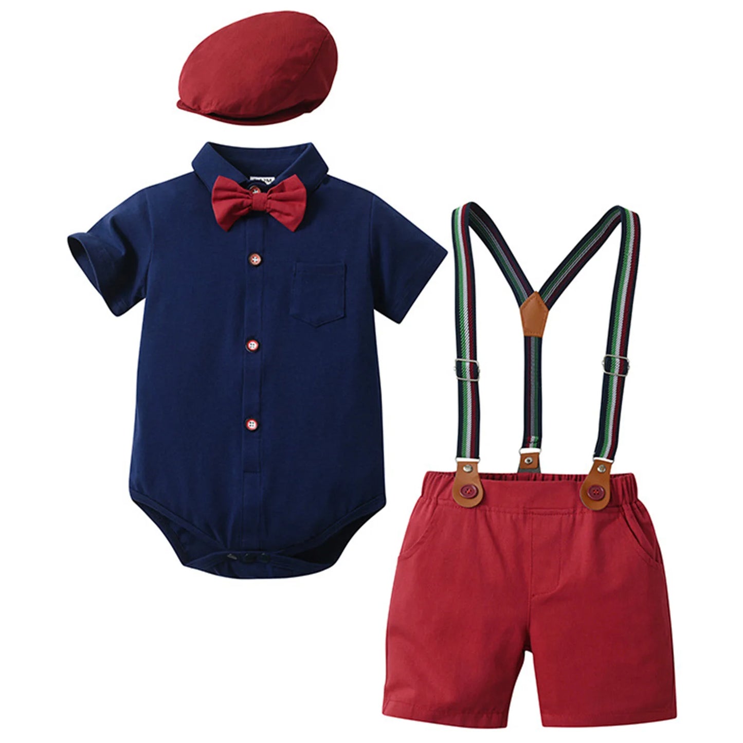 Baby Boys Summer Short Sleeve Lapel Bow Tie Romper with Suspender Shorts Beret Christening Birthday Wedding Party Gentlemen Suit