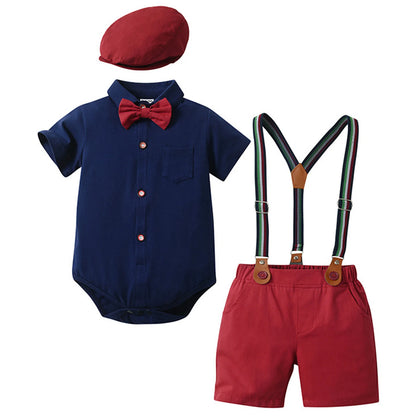 Baby Boys Summer Short Sleeve Lapel Bow Tie Romper with Suspender Shorts Beret Christening Birthday Wedding Party Gentlemen Suit