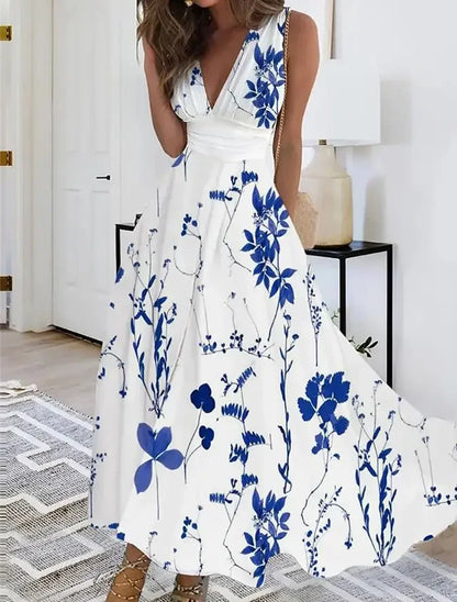 2025 Women's Summer Casual Dress Elegant Party Sleeveless Long Dress Robe Sexy Bohemian Print Dresses Vestidos Swing Sundress