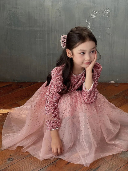 Winter Baby Girls Sequin Work Fleece Lined 4-Layer Mesh Zip Back Dresses with Head Veil Kids Outfit Children Sweet Skirt 2-8 Yr