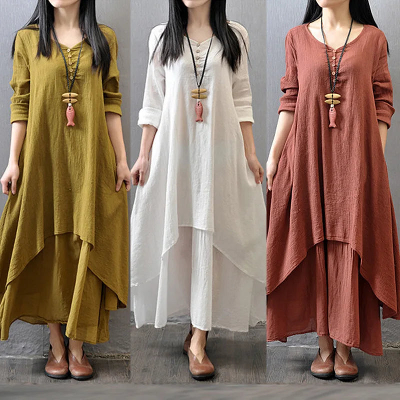 Summer Women  Boho Vintage Kaftan Loose Gypsy Maxi Dress Fake Two-piece Literary Irregular Large Swing Dress Robe