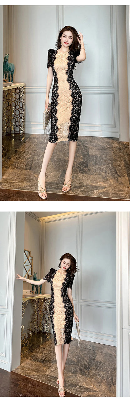 Fashion Summer Elegant Evening Dress For Women Lace Chic Short Sleeve Slim Midi Party Gown Mujer Stretchy Vestido Street Clothes