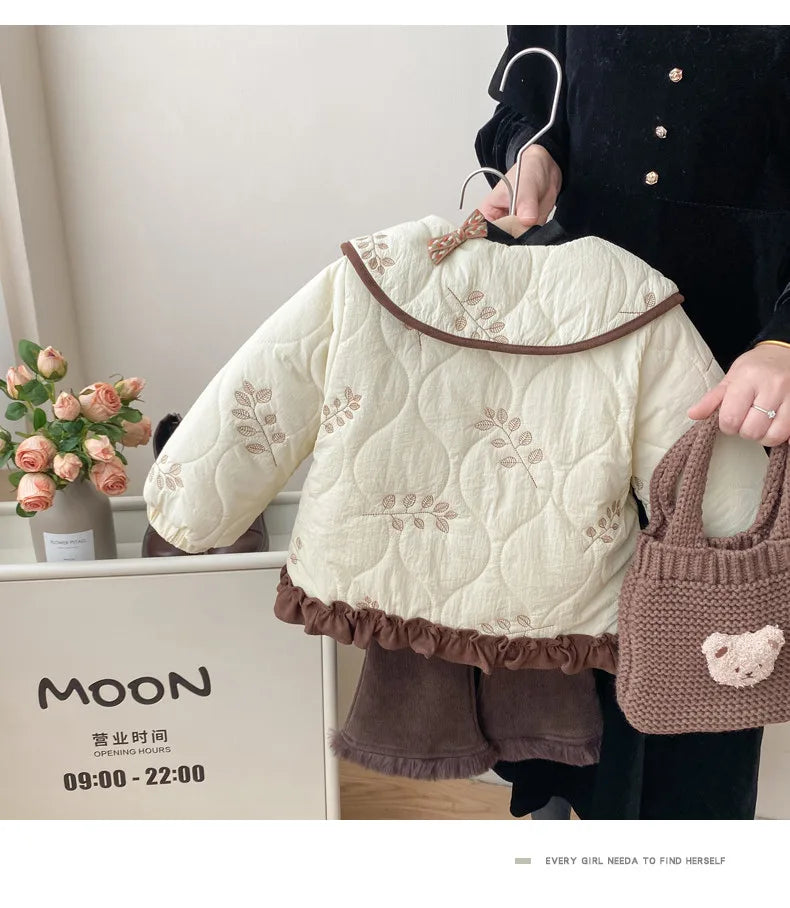 Winter Girls Coat Kids Baby Parkas Cotton Padded Plus Velvet Thickened Warm Children's Coat Solid Girls Embroidery Jacket