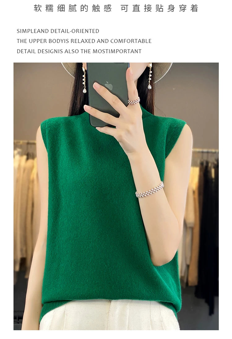 2024 Cashmere Vest Women's 100% Merino Wool Pullover Indoor Sleeveless Sweater Half-turtleneck Office Tops Waistcoat