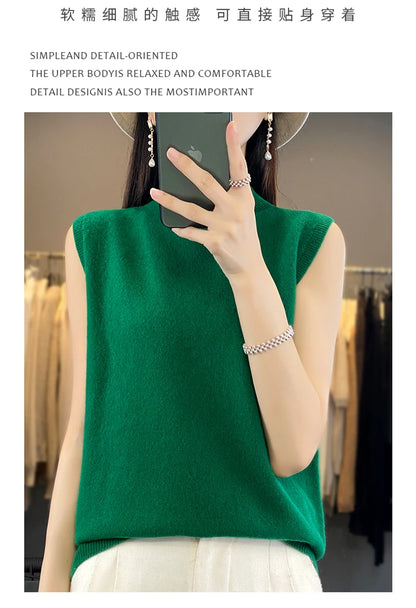 2024 Cashmere Vest Women's 100% Merino Wool Pullover Indoor Sleeveless Sweater Half-turtleneck Office Tops Waistcoat