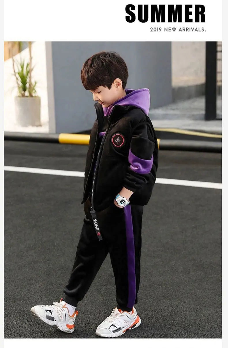 2025 winter Boys tracksuit Autumn Toddler Teenager Clothes vest velvet jacket + Sweatishrt hooded + Pant Children Kids 4 12 year